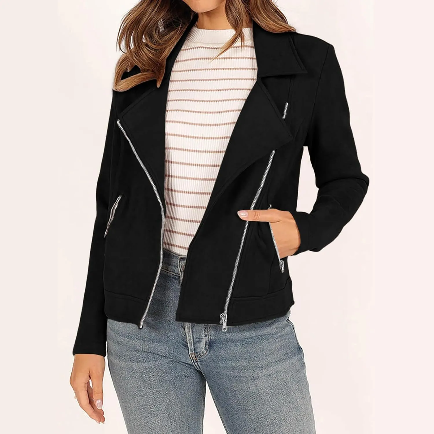 Womens Trendy Coats 2024 Fall Biker Moto Jacket Fashion Long Sleeve Zipper Short Casual Coat Streetwear Cropped Outwear