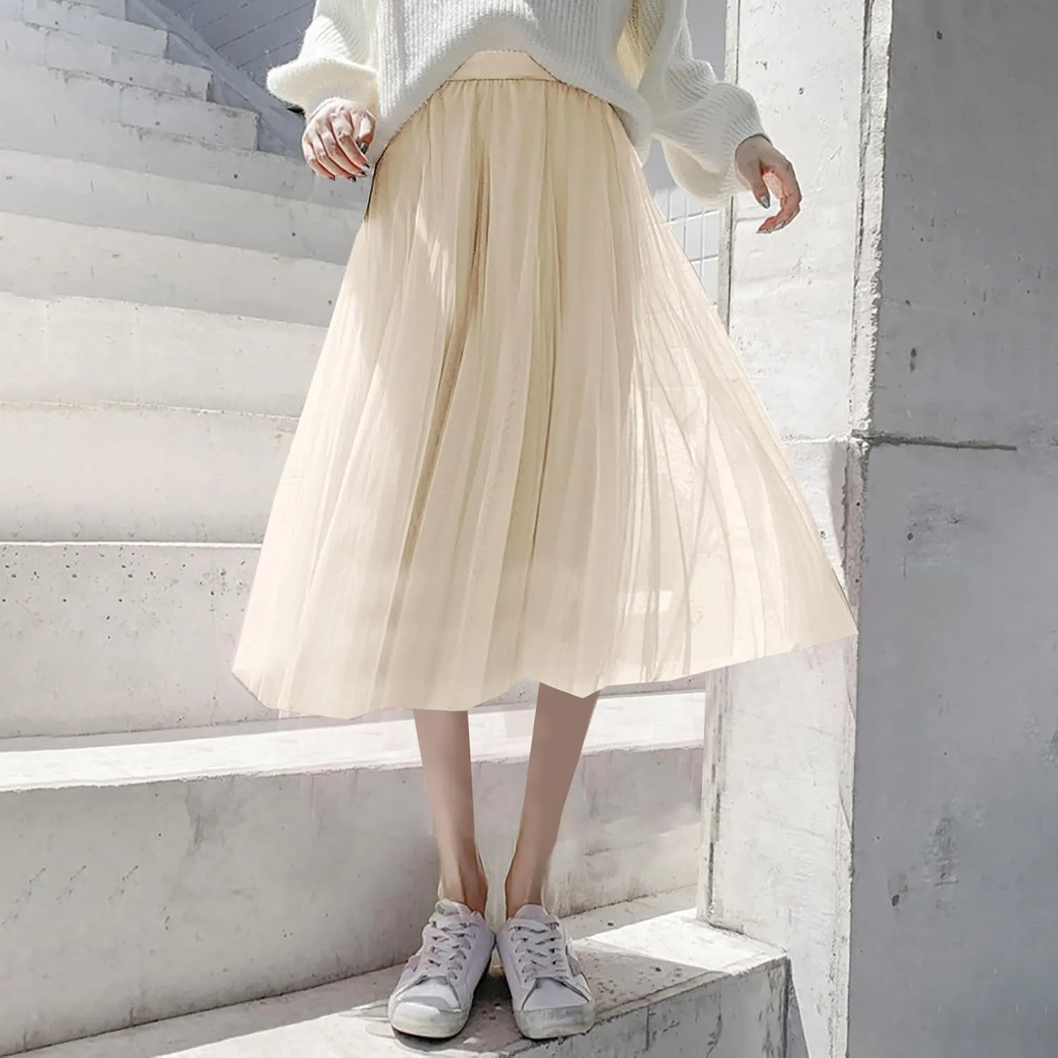 Womens Tulle Skirt Solid Color Elastic High Waist Pleated Mesh Flowy A-Line Skirts Summer Midi Skort