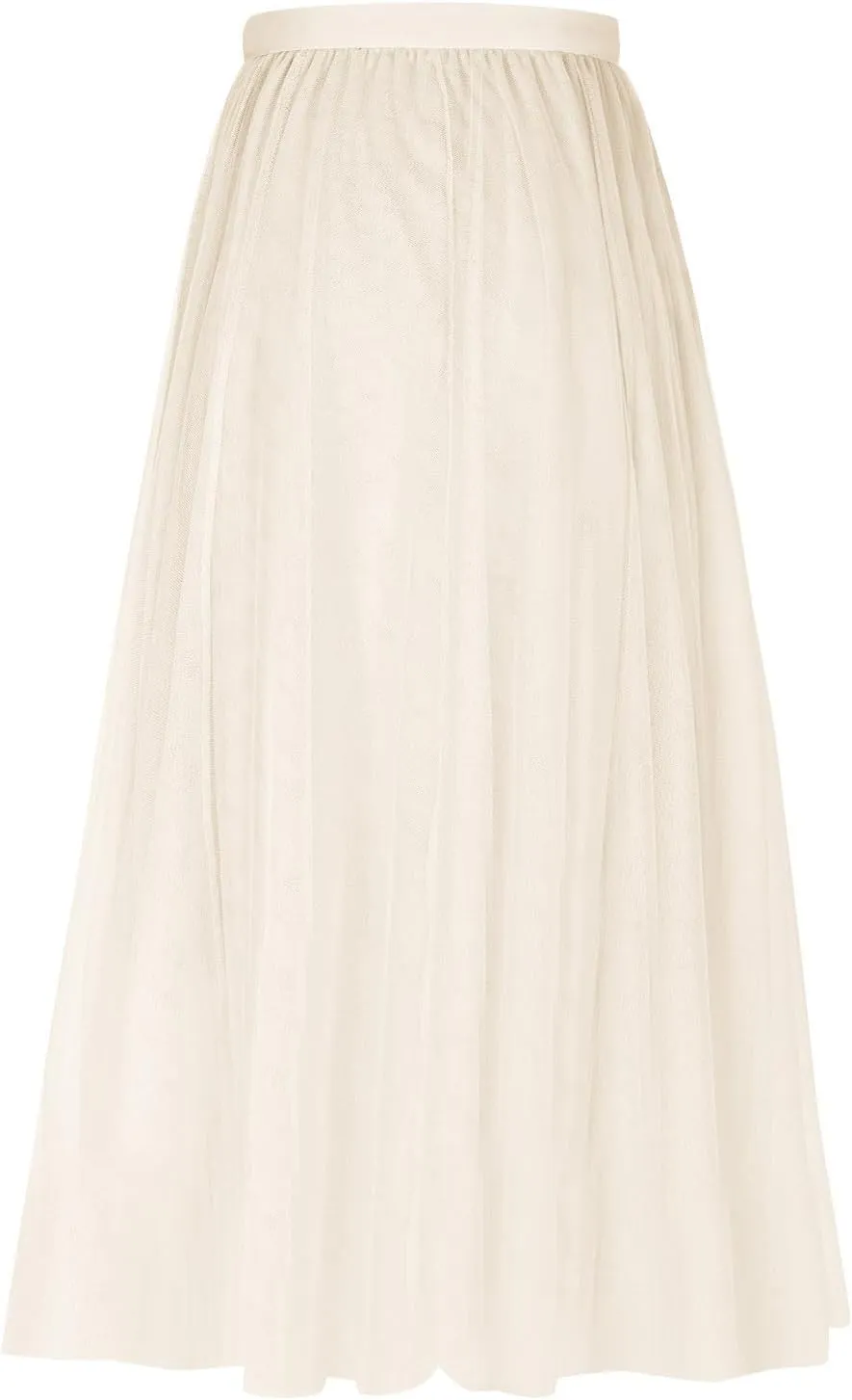 Womens Tulle Skirt Solid Color Elastic High Waist Pleated Mesh Flowy A-Line Skirts Summer Midi Skort