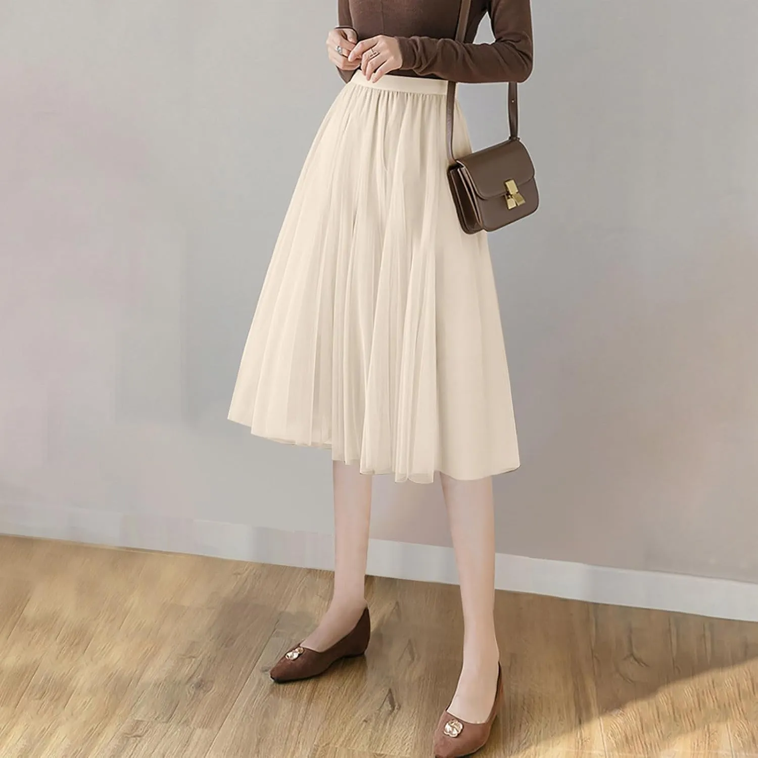 Womens Tulle Skirt Solid Color Elastic High Waist Pleated Mesh Flowy A-Line Skirts Summer Midi Skort