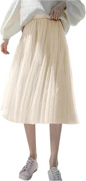 Womens Tulle Skirt Solid Color Elastic High Waist Pleated Mesh Flowy A-Line Skirts Summer Midi Skort