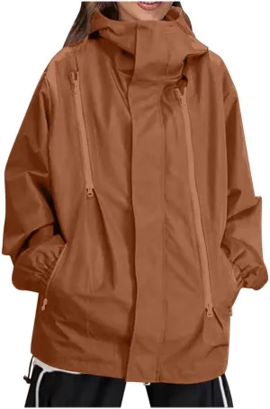 Women's Waterproof Rain Jacket Lightweight Breathable Raincoat Oversize Hooded Hiking Jacket Softshell Windbreaker