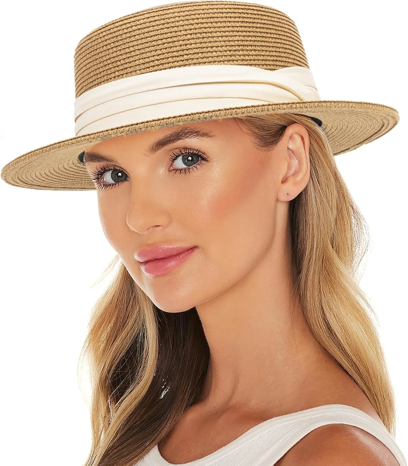 Women's Wide Brim Sun Hat Straw Panama Hat - UV-Protection Summer Boater Fedora Beach-Sun-Hats(M-L)