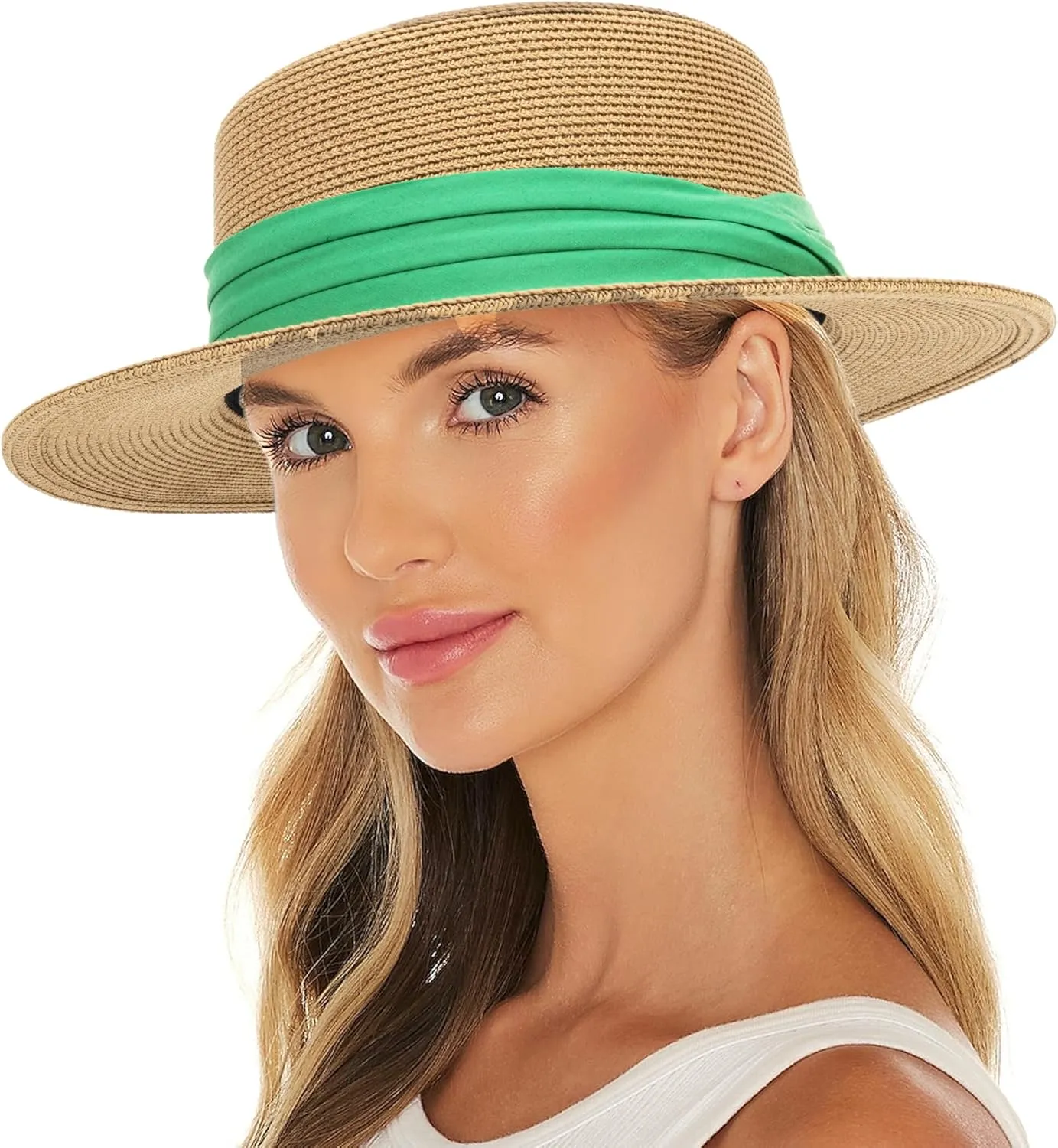 Women's Wide Brim Sun Hat Straw Panama Hat - UV-Protection Summer Boater Fedora Beach-Sun-Hats(M-L)