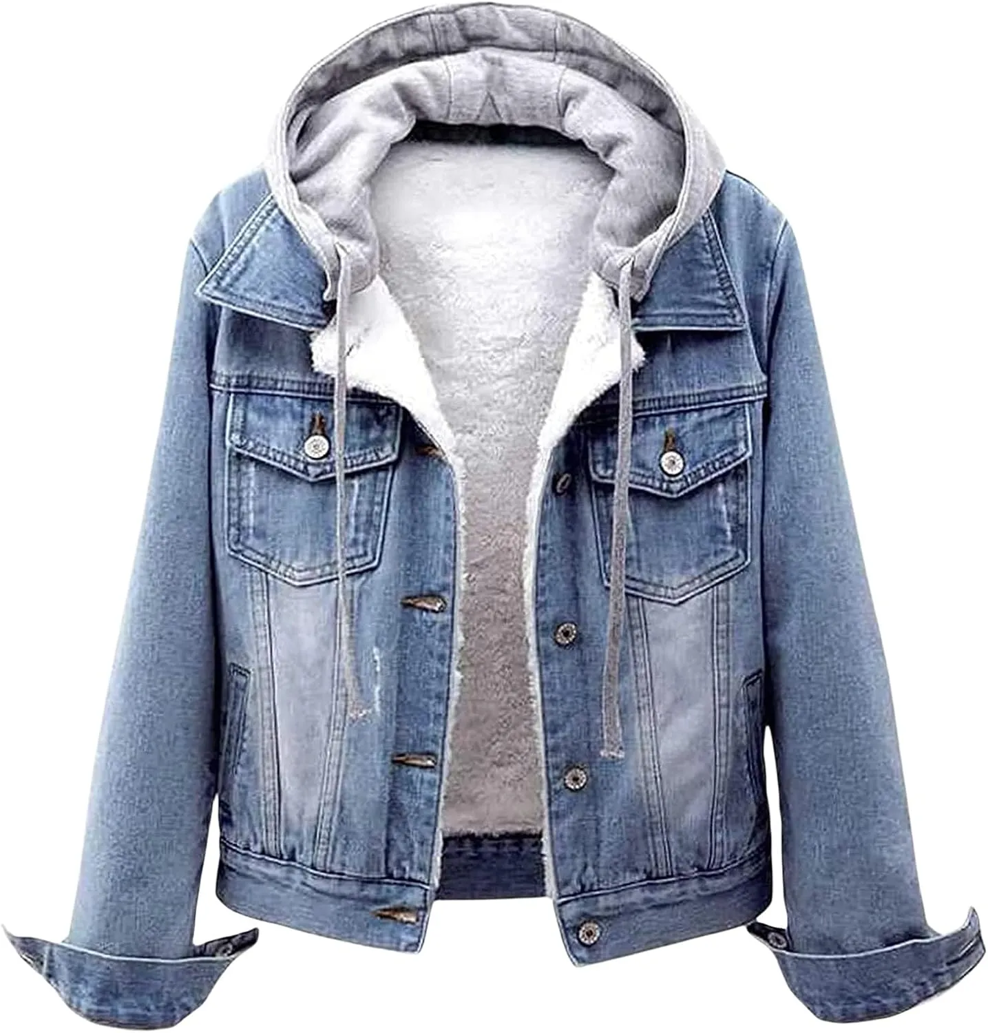 Womens Winter Jacket Detachable Hoodie Sherpa Fur Fleece Lined Denim Jean Warm Trucker Jackets Coat with Pockets