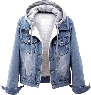 Womens Winter Jacket Detachable Hoodie Sherpa Fur Fleece Lined Denim Jean Warm Trucker Jackets Coat with Pockets