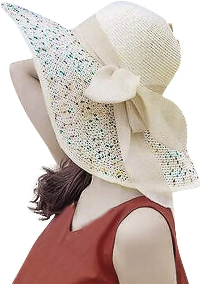 WUTYU Beach Wide Cap Brim Straw Sun Brim Hats Floppy Colorful Women Hat Bow Big Baseball Caps (Beige, One Size)