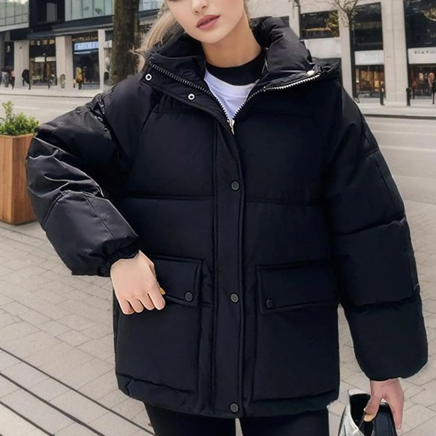 XUNRYAN Womens Hooded Winter Warm Down Coat Puffer Jackets Baggy Lightweight Jackets Casual Button Overcoat Activewear