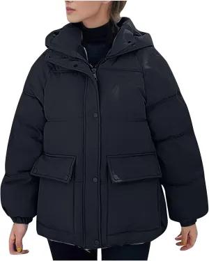 XUNRYAN Womens Hooded Winter Warm Down Coat Puffer Jackets Baggy Lightweight Jackets Casual Button Overcoat Activewear