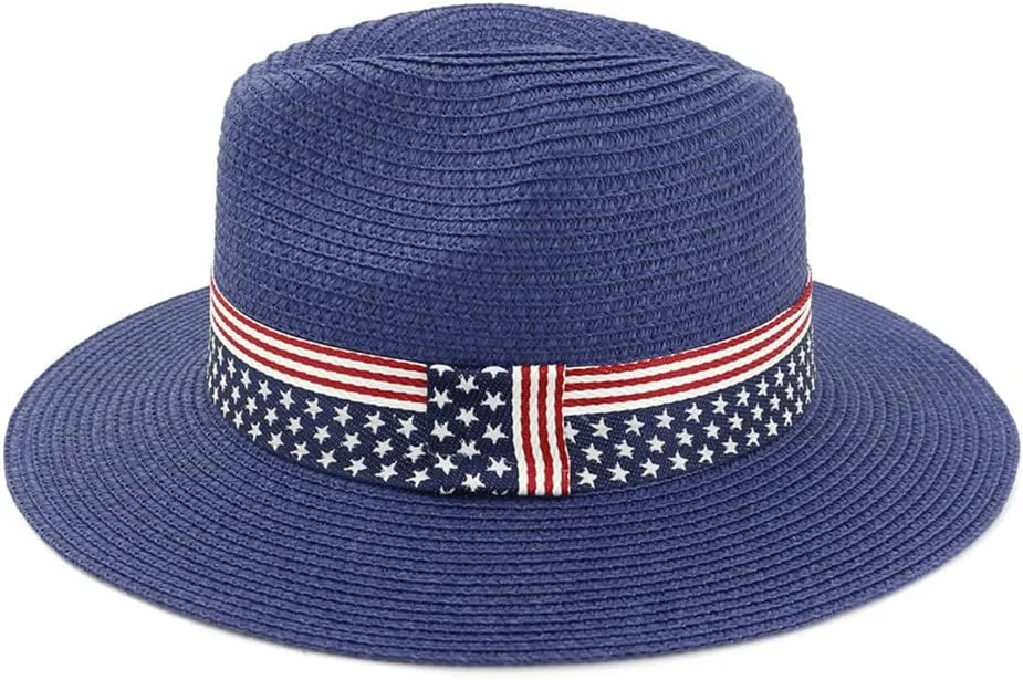 Youllyuu Summer Paper Straw Wide Brim Sun Hats Men Women Fedora Beach Hat Cowboy Sunhat with US Flag Ribbon