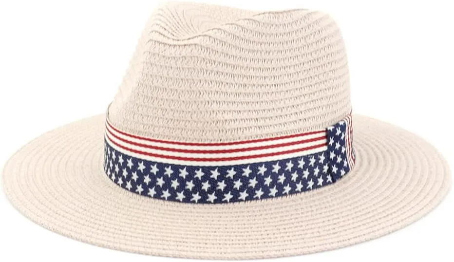Youllyuu Summer Paper Straw Wide Brim Sun Hats Men Women Fedora Beach Hat Cowboy Sunhat with US Flag Ribbon