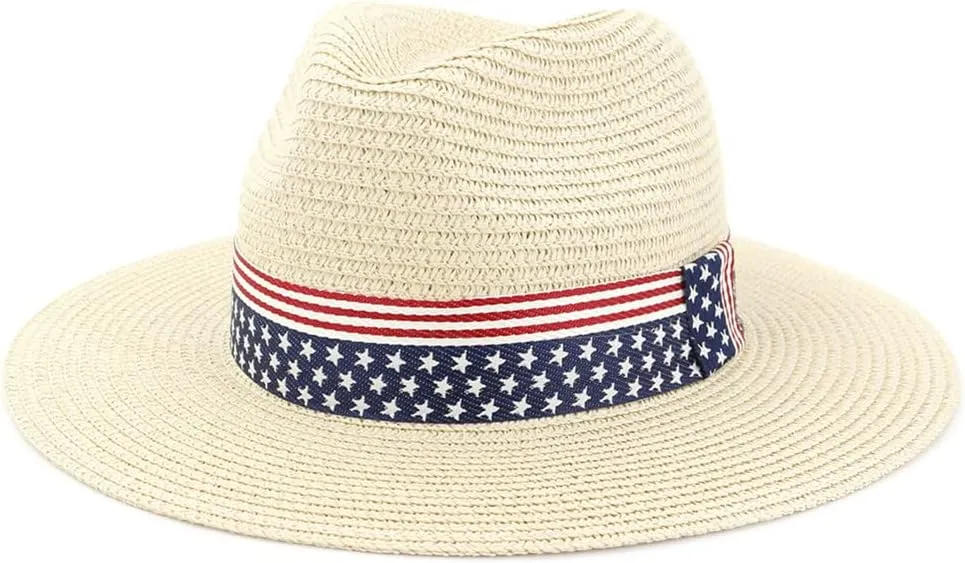 Youllyuu Summer Paper Straw Wide Brim Sun Hats Men Women Fedora Beach Hat Cowboy Sunhat with US Flag Ribbon