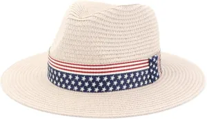 Youllyuu Summer Paper Straw Wide Brim Sun Hats Men Women Fedora Beach Hat Cowboy Sunhat with US Flag Ribbon