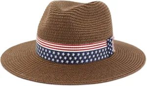 Youllyuu Summer Paper Straw Wide Brim Sun Hats Men Women Fedora Beach Hat Cowboy Sunhat with US Flag Ribbon