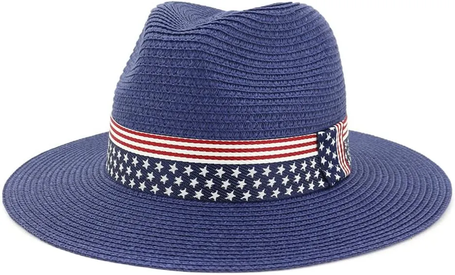 Youllyuu Summer Paper Straw Wide Brim Sun Hats Men Women Fedora Beach Hat Cowboy Sunhat with US Flag Ribbon