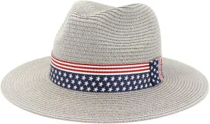 Youllyuu Summer Paper Straw Wide Brim Sun Hats Men Women Fedora Beach Hat Cowboy Sunhat with US Flag Ribbon