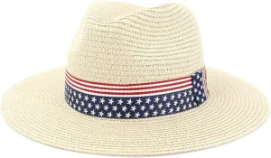 Youllyuu Summer Paper Straw Wide Brim Sun Hats Men Women Fedora Beach Hat Cowboy Sunhat with US Flag Ribbon