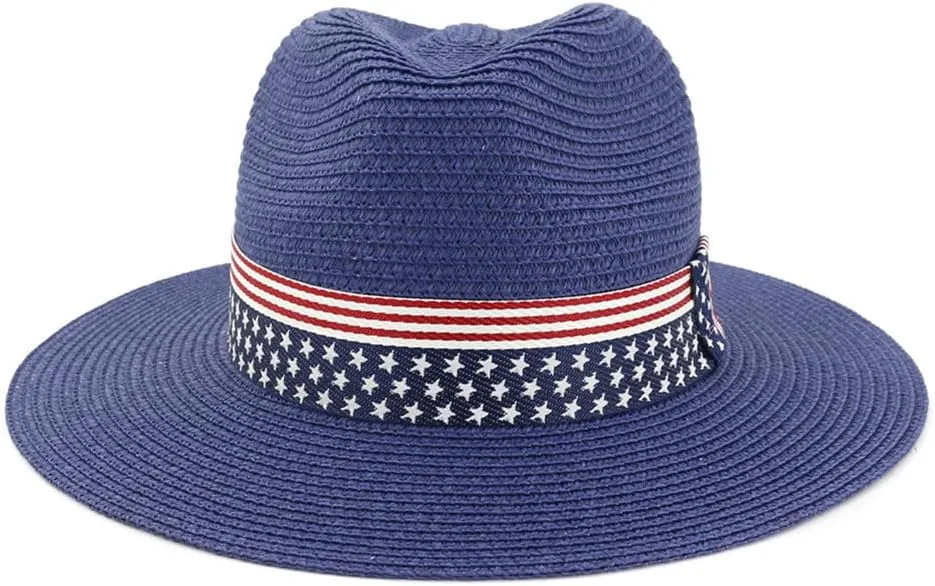 Youllyuu Summer Paper Straw Wide Brim Sun Hats Men Women Fedora Beach Hat Cowboy Sunhat with US Flag Ribbon