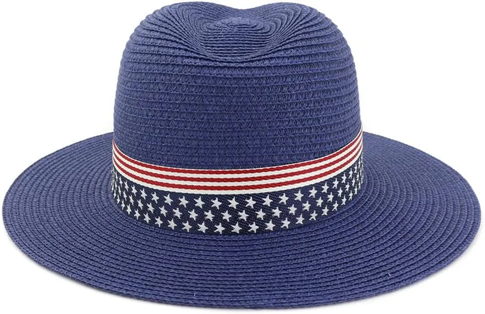 Youllyuu Summer Paper Straw Wide Brim Sun Hats Men Women Fedora Beach Hat Cowboy Sunhat with US Flag Ribbon