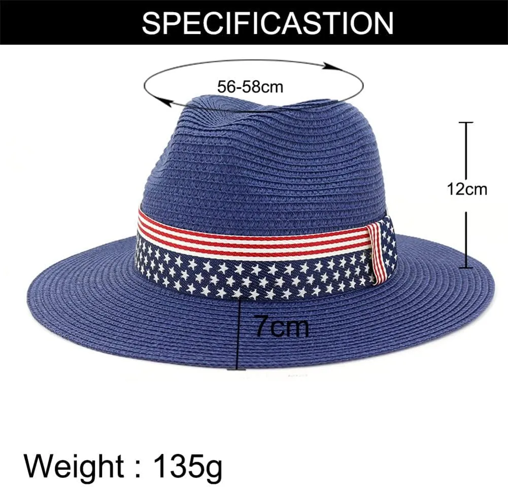 Youllyuu Summer Paper Straw Wide Brim Sun Hats Men Women Fedora Beach Hat Cowboy Sunhat with US Flag Ribbon