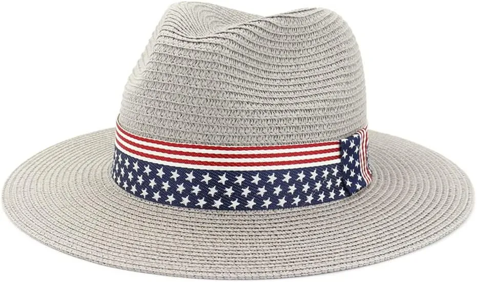 Youllyuu Summer Paper Straw Wide Brim Sun Hats Men Women Fedora Beach Hat Cowboy Sunhat with US Flag Ribbon